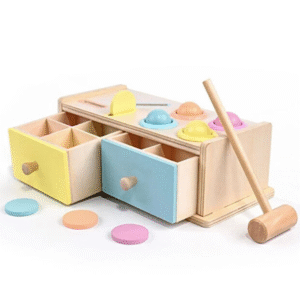 Jucarie educativa pentru copii, Cutia Permanentei cu jetoane, bilute, ciocanel si sertare, Montessori