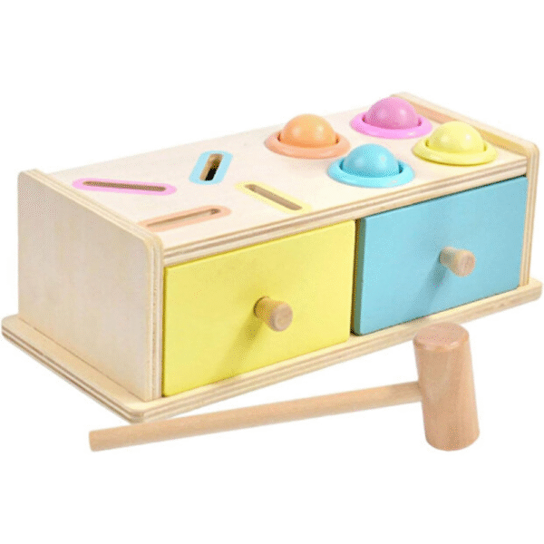 Jucarie educativa pentru copii, Cutia Permanentei cu jetoane, bilute, ciocanel si sertare, Montessori - imagine 7
