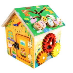 Casuta educativa Montessori din lemn 8 in 1, Stuniko® Activitati pentru dezvoltarea motricitatii, sortator, xilofon, ceas, labirint, 3 ani+