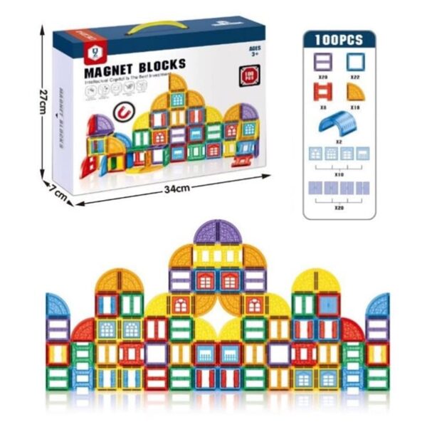 Set inteligent de constructie cu 100 piese magnetice pentru joaca educativa si creativa pentru copii, Magnet Blocks, numeroase posibilitati de construire, 3 ani+ - imagine 3