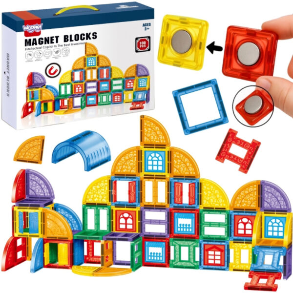Set inteligent de constructie cu 100 piese magnetice pentru joaca educativa si creativa pentru copii, Magnet Blocks, numeroase posibilitati de construire, 3 ani+ - imagine 6