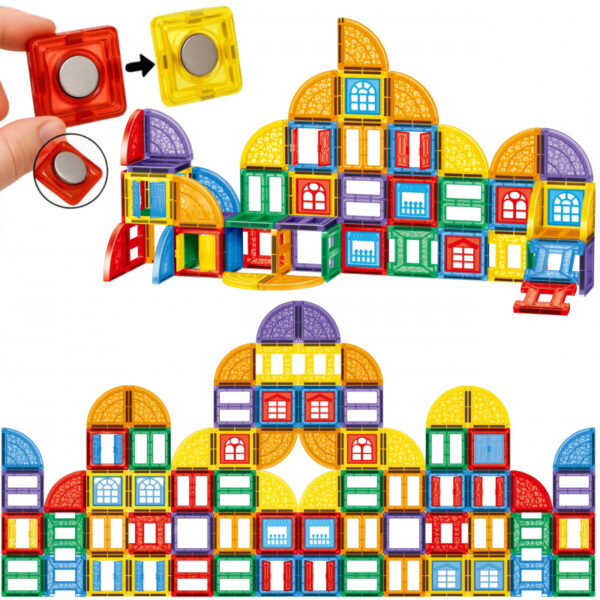 Set inteligent de constructie cu 100 piese magnetice pentru joaca educativa si creativa pentru copii, Magnet Blocks, numeroase posibilitati de construire, 3 ani+ - imagine 7