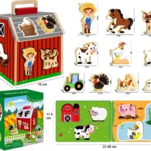 Casuta din lemn cu animalele de la ferma si puzzle Stuniko®, Jucarie educativa pentru copii, sortare si potrivire a formelor, 3 ani+