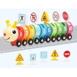 Jucarie Montessori pentru copii, Trenul Omida cu Magneti, Numere si Semne de circulatie, interactiva, educativa, senzoriala, 3 ani+