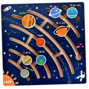 Puzzle educativ din lemn, labirintul planetelor, Sistemul solar, 29.5 x 29.5 cm, 3 ani+