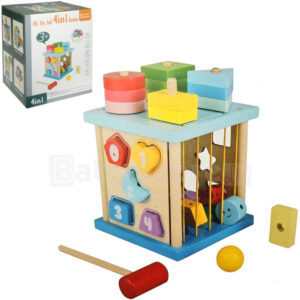 Cub Montessori din lemn cu activitati pentru copii, 4 in 1, sortator de forme geometrice, Elastice, 3 ani+