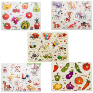 Set 5 Puzzle incastru din lemn in limba romana Stuniko® Joc educativ cu legume, fructe, insecte, animale domestice si salbatice, 49 piese, 3 ani+
