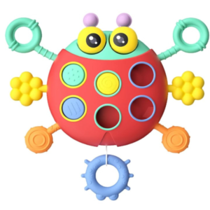 Jucarie Senzoriala Montessori Buburuza Interactiva  Stuniko® - Pull String, Inel Gingival, Dezvoltare Motricitate Fina, Multicolor, 18 luni+