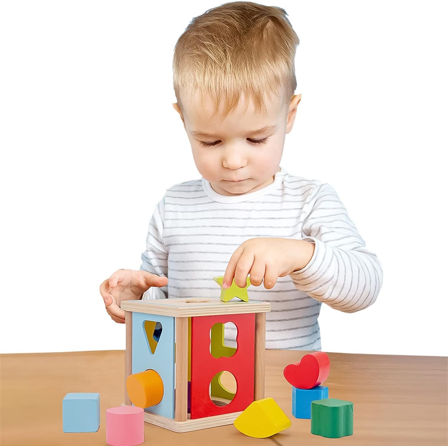 Cub Educativ Montessori din Lemn, Sortator cu 10 Forme Geometrice Colorate, Stuniko® Jucarie Interactiva pentru Invatarea Culorilor si Dezvoltarea Motricitatii Fine, Design Soare, Multicolor, 2 ani+ - imagine 8