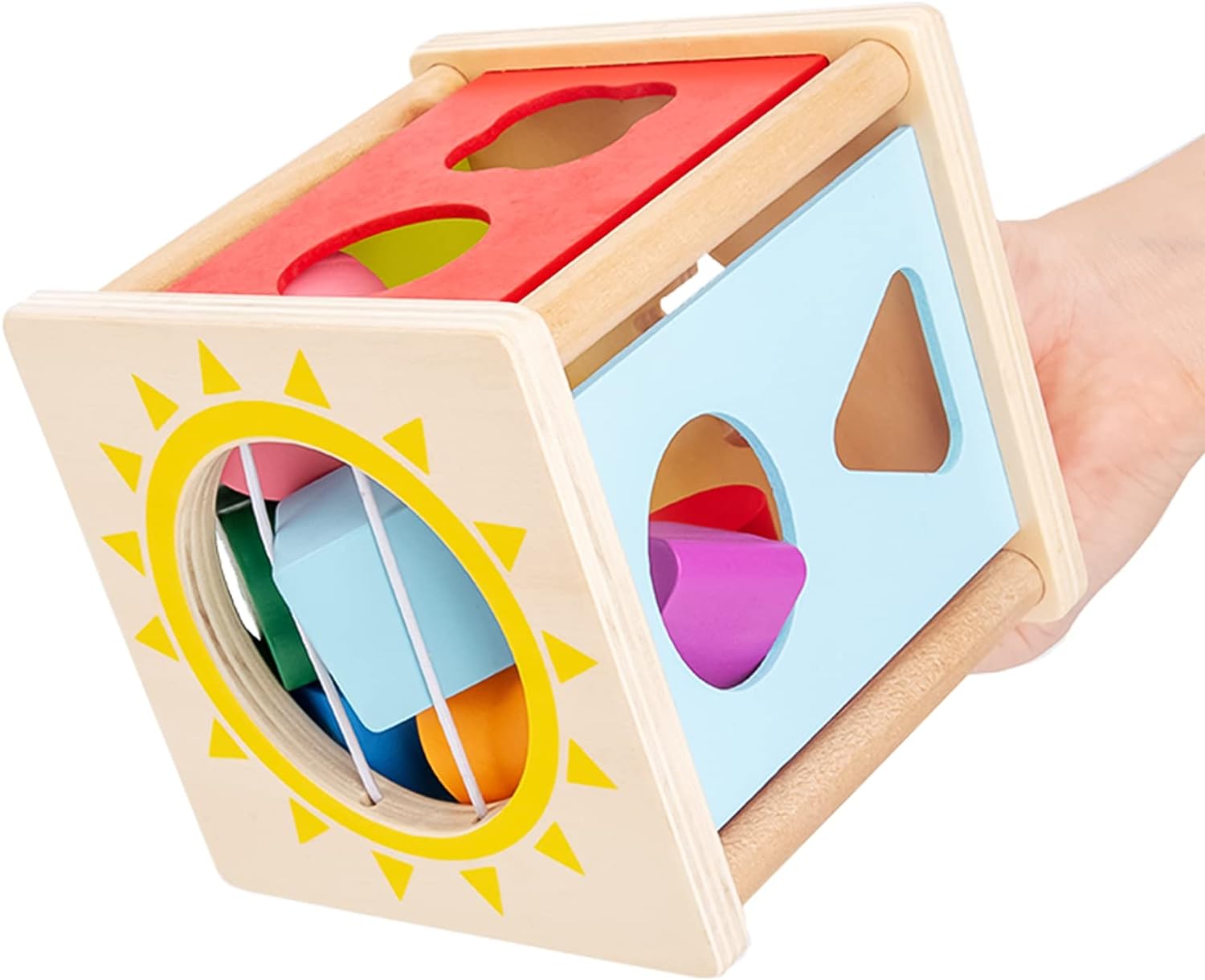 Cub Educativ Montessori din Lemn, Sortator cu 10 Forme Geometrice Colorate, Stuniko® Jucarie Interactiva pentru Invatarea Culorilor si Dezvoltarea Motricitatii Fine, Design Soare, Multicolor, 2 ani+ - imagine 6