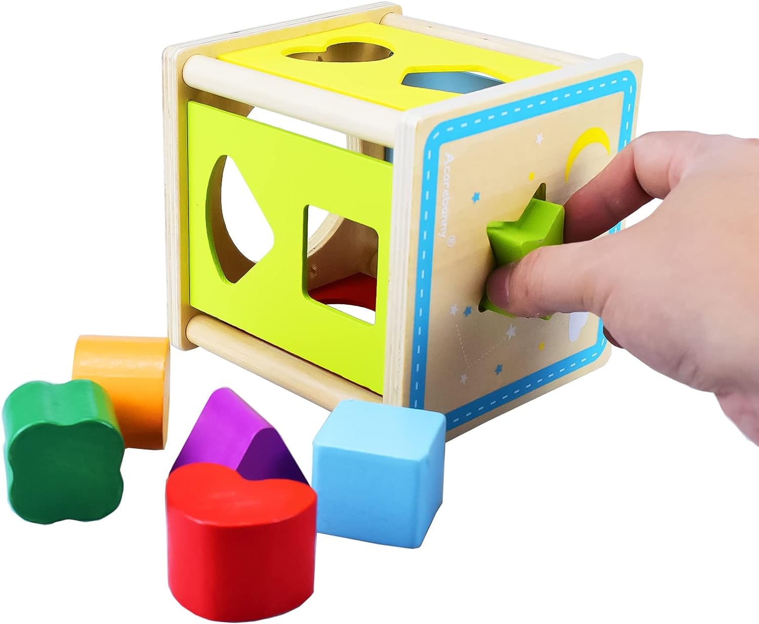 Cub Educativ Montessori din Lemn, Sortator cu 10 Forme Geometrice Colorate, Stuniko® Jucarie Interactiva pentru Invatarea Culorilor si Dezvoltarea Motricitatii Fine, Design Soare, Multicolor, 2 ani+ - imagine 7