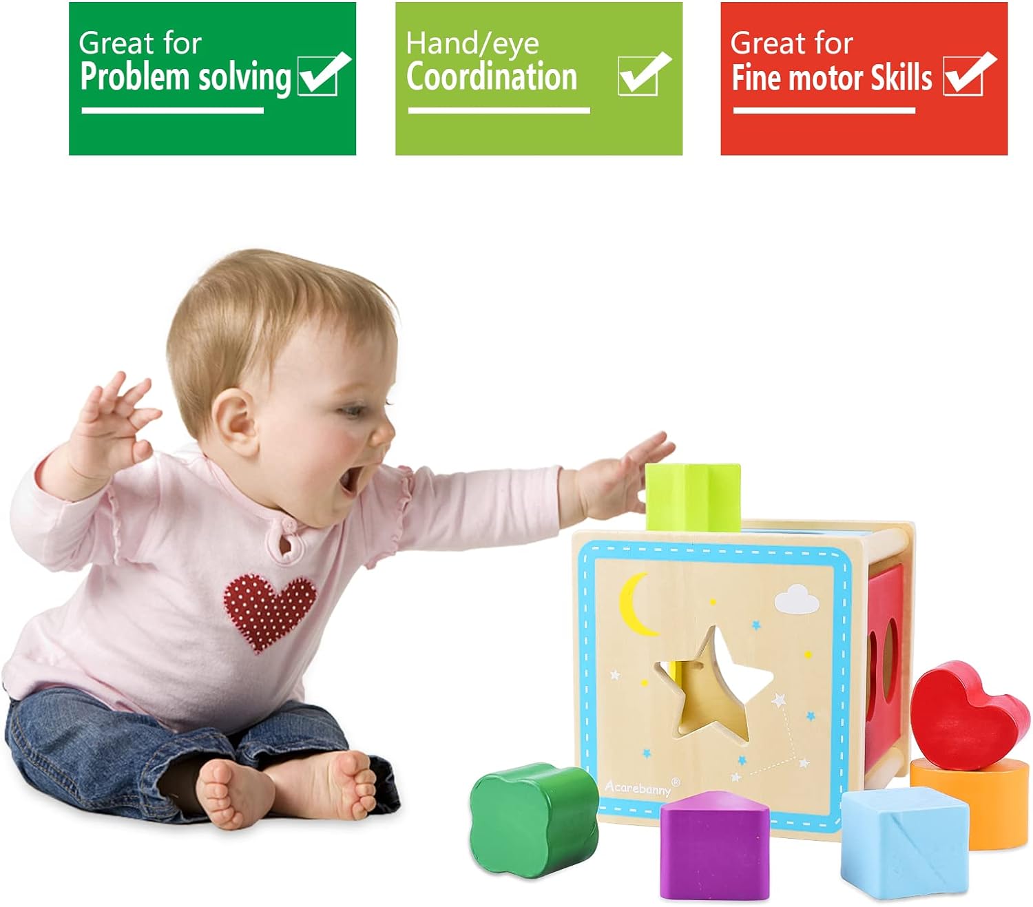 Cub Educativ Montessori din Lemn, Sortator cu 10 Forme Geometrice Colorate, Stuniko® Jucarie Interactiva pentru Invatarea Culorilor si Dezvoltarea Motricitatii Fine, Design Soare, Multicolor, 2 ani+ - imagine 9