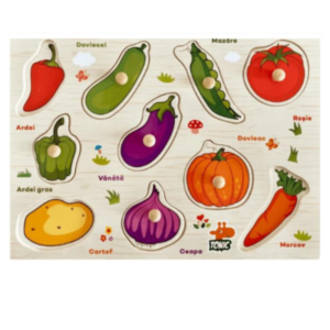 Puzzle incastru din lemn in limba romana Stuniko® Joc educativ cu legume, 10 piese, 3 ani+