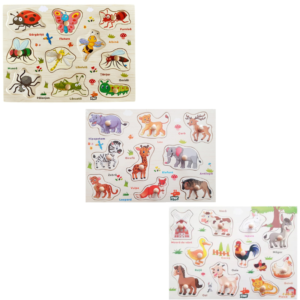  Set 3 Puzzle incastru din lemn in limba romana Stuniko® Joc educativ cu insecte, animale domestice si salbatice, 29 piese, 3 ani+