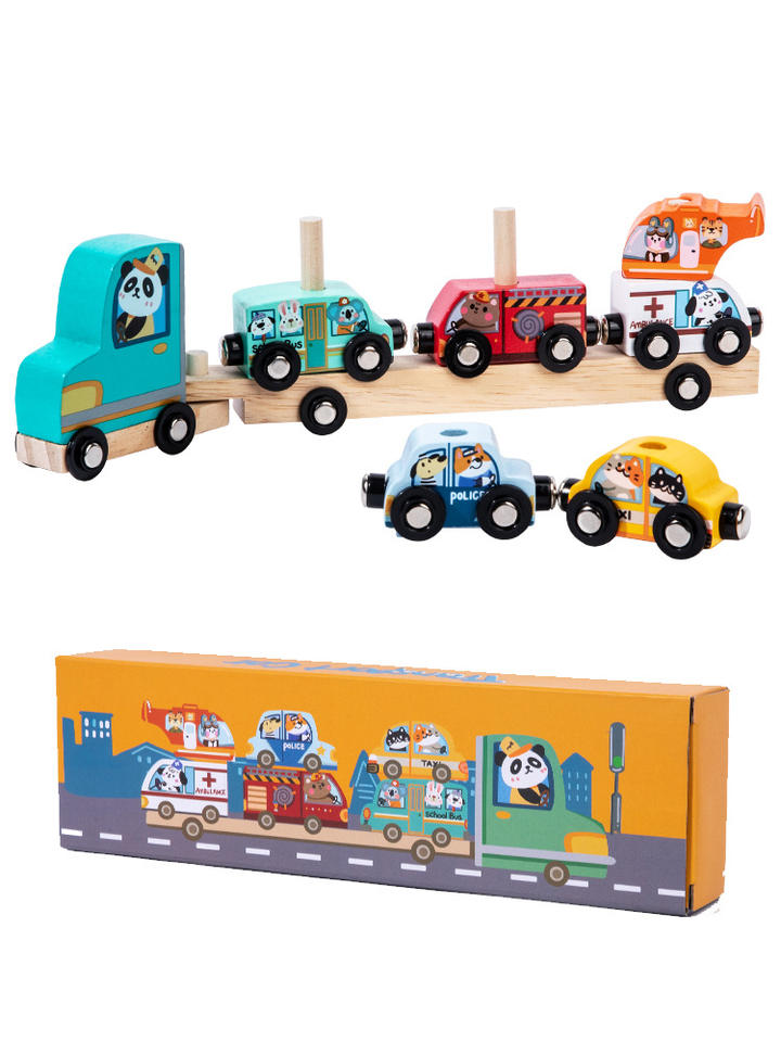 Jucarie Montessori din Lemn 2 in 1, Stuniko® Camion Platforma Transportor si Set Mașinuțe Magnetice, Interactiv si Educativ, Dezvolta Motricitatea Fina si Imaginatia, Design Animale, Multicolor
