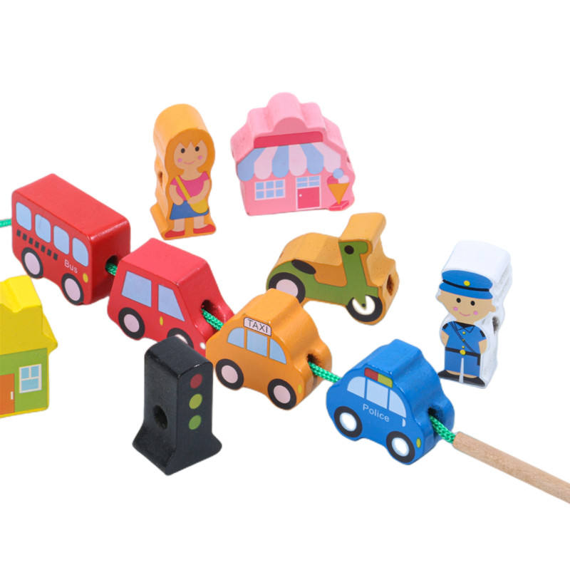 Joc Educativ de Înșiruit din Lemn Orasul Vehiculelor, Stil Montessori, 16 Piese și Șnur, Dezvoltare Motricitate Fină, 3 ani+ - imagine 7