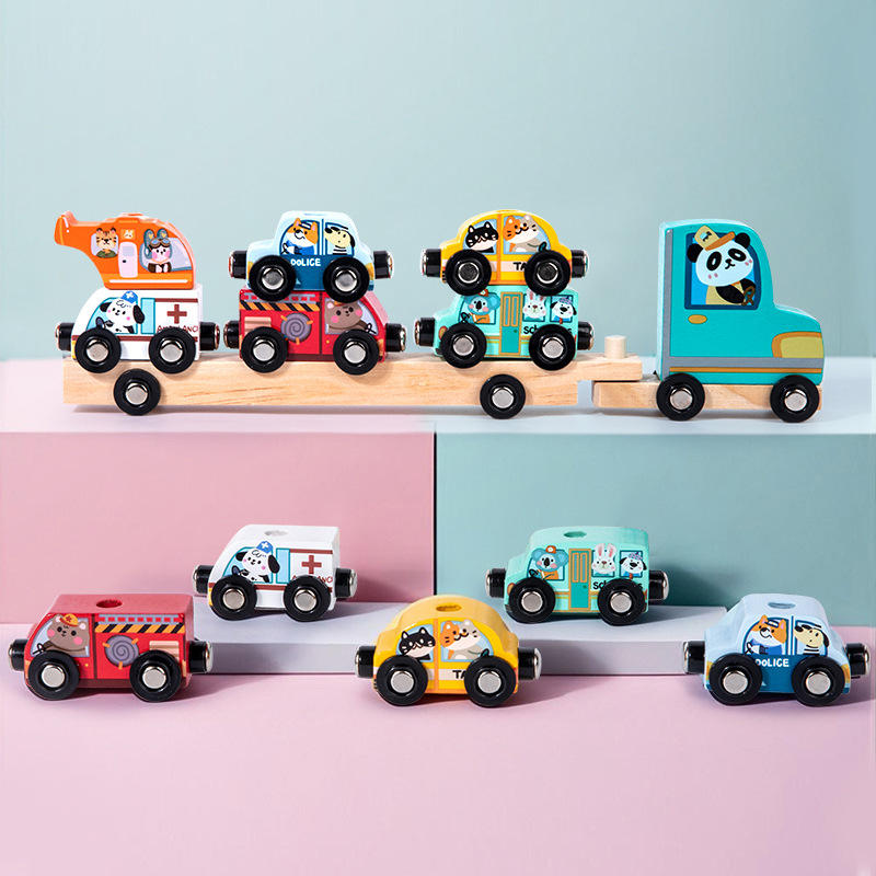 Jucarie Montessori din Lemn 2 in 1, Stuniko® Camion Platforma Transportor si Set Mașinuțe Magnetice, Interactiv si Educativ, Dezvolta Motricitatea Fina si Imaginatia, Design Animale, Multicolor - imagine 3
