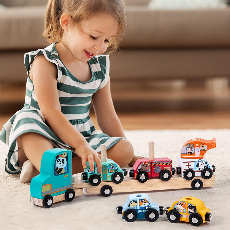 Jucarie Montessori din Lemn 2 in 1, Stuniko® Camion Platforma Transportor si Set Mașinuțe Magnetice, Interactiv si Educativ, Dezvolta Motricitatea Fina si Imaginatia, Design Animale, Multicolor - imagine 6