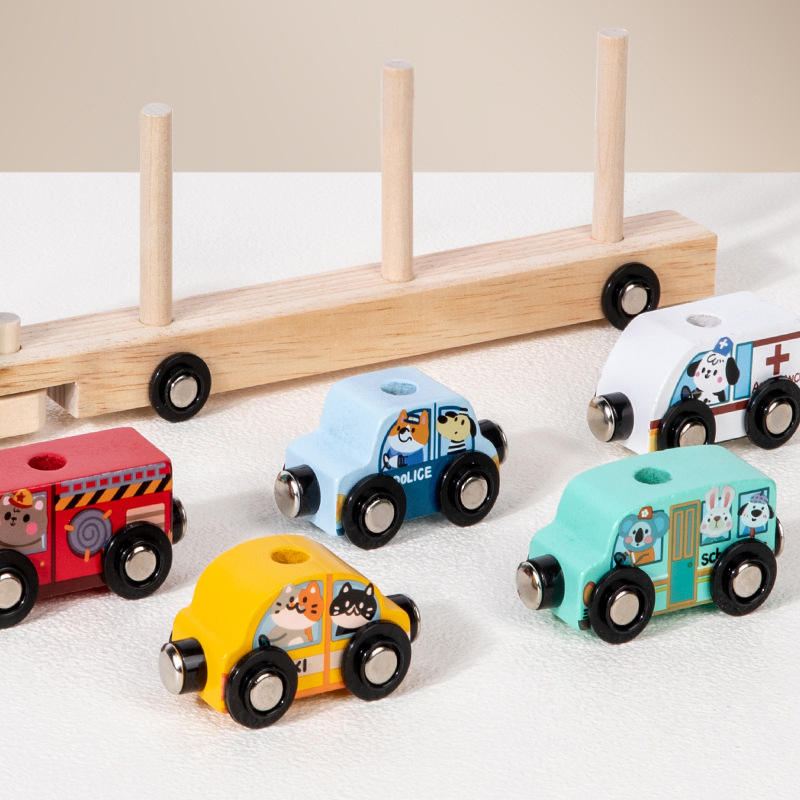 Jucarie Montessori din Lemn 2 in 1, Stuniko® Camion Platforma Transportor si Set Mașinuțe Magnetice, Interactiv si Educativ, Dezvolta Motricitatea Fina si Imaginatia, Design Animale, Multicolor - imagine 2