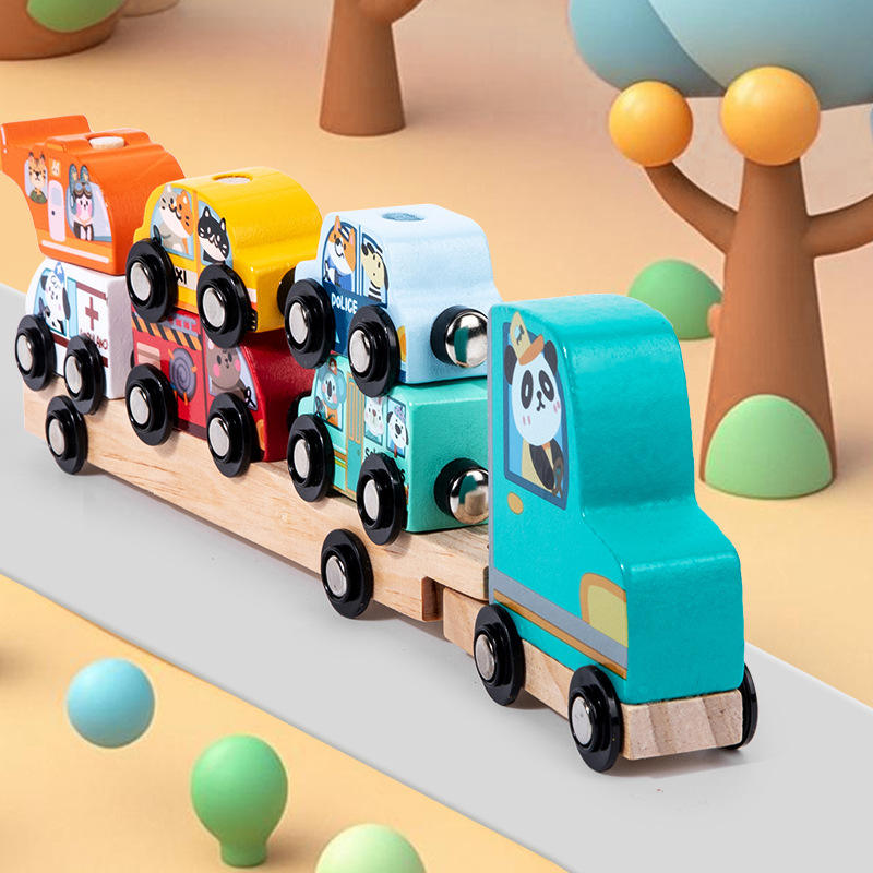 Jucarie Montessori din Lemn 2 in 1, Stuniko® Camion Platforma Transportor si Set Mașinuțe Magnetice, Interactiv si Educativ, Dezvolta Motricitatea Fina si Imaginatia, Design Animale, Multicolor - imagine 7