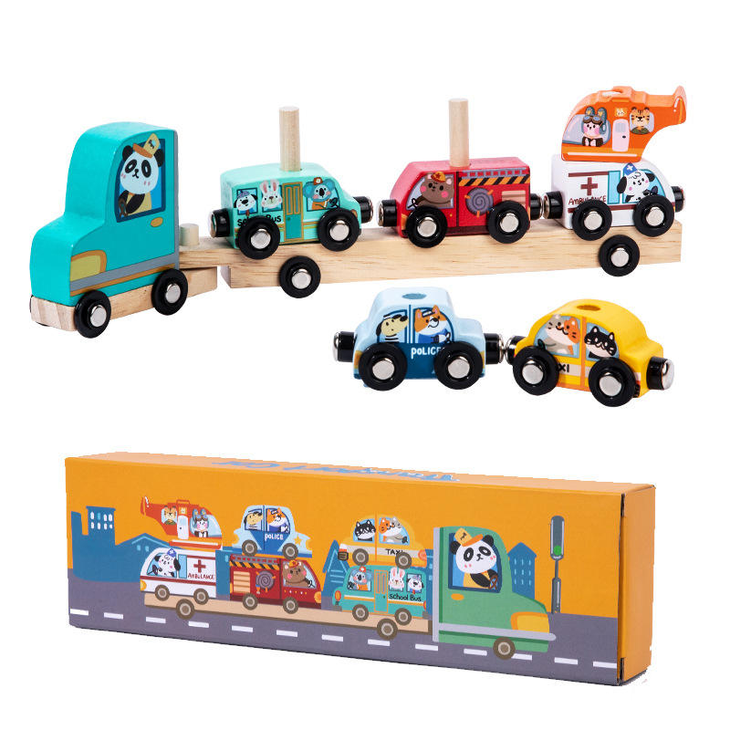 Jucarie Montessori din Lemn 2 in 1, Stuniko® Camion Platforma Transportor si Set Mașinuțe Magnetice, Interactiv si Educativ, Dezvolta Motricitatea Fina si Imaginatia, Design Animale, Multicolor - imagine 4