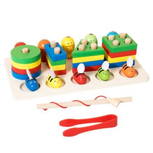 Jucarie Educativa Montessori 3 in 1 din Lemn, Joc Interactiv de Pescuit Magnetic, Stuniko® Prinde Albinele si Sortator de Forme Geometrice, Dezvolta Motricitatea Fina si Coordonarea, Multicolor, 3 ani+