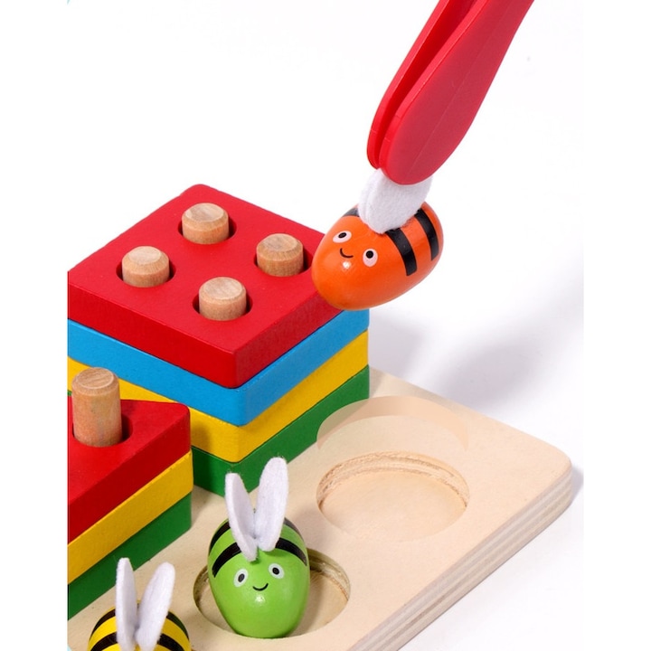 Jucarie Educativa Montessori 3 in 1 din Lemn, Joc Interactiv de Pescuit Magnetic, Stuniko® Prinde Albinele si Sortator de Forme Geometrice, Dezvolta Motricitatea Fina si Coordonarea, Multicolor, 3 ani+ - imagine 5