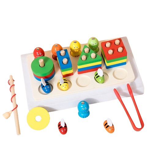 Jucarie Educativa Montessori 3 in 1 din Lemn, Joc Interactiv de Pescuit Magnetic, Stuniko® Prinde Albinele si Sortator de Forme Geometrice, Dezvolta Motricitatea Fina si Coordonarea, Multicolor, 3 ani+ - imagine 6