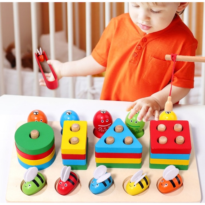 Jucarie Educativa Montessori 3 in 1 din Lemn, Joc Interactiv de Pescuit Magnetic, Stuniko® Prinde Albinele si Sortator de Forme Geometrice, Dezvolta Motricitatea Fina si Coordonarea, Multicolor, 3 ani+ - imagine 3