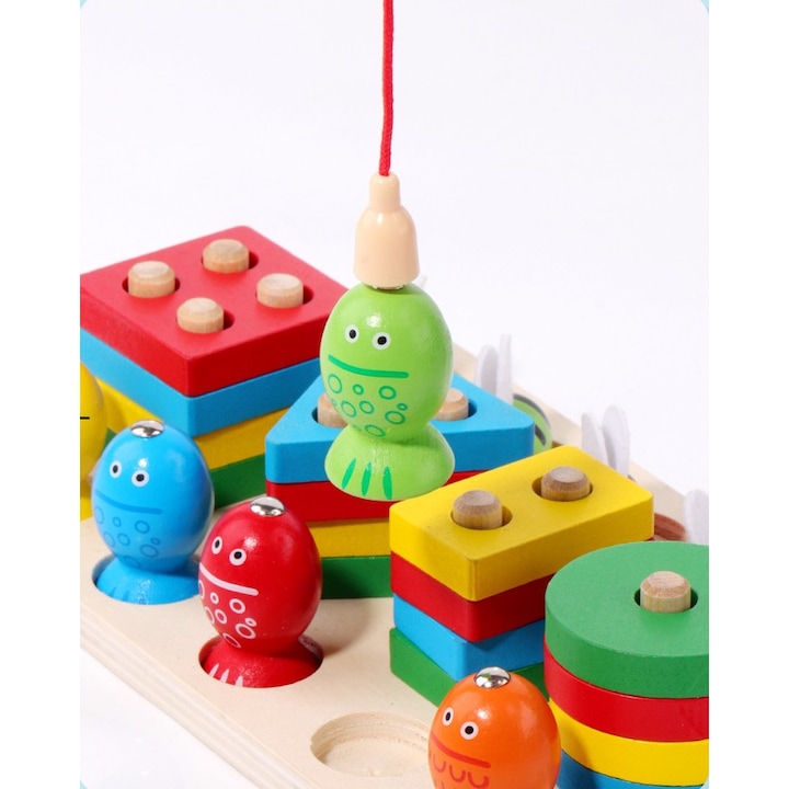 Jucarie Educativa Montessori 3 in 1 din Lemn, Joc Interactiv de Pescuit Magnetic, Stuniko® Prinde Albinele si Sortator de Forme Geometrice, Dezvolta Motricitatea Fina si Coordonarea, Multicolor, 3 ani+ - imagine 4