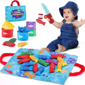Joc Educativ Montessori de Pescuit pentru Bebelusi, Stuniko® Set 21 Piese din Plus Moale, Include 15 Pesti, Undita, 5 Boluri Numerotate si Geanta de Transport, Dezvoltare Motricitate Fina, Logica si Numarare, Multicolor, 6 luni+