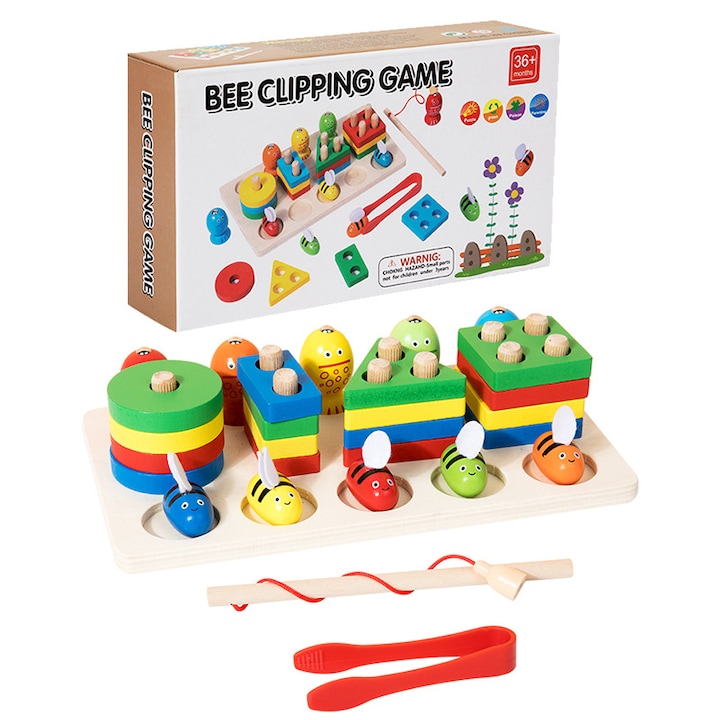 Jucarie Educativa Montessori 3 in 1 din Lemn, Joc Interactiv de Pescuit Magnetic, Stuniko® Prinde Albinele si Sortator de Forme Geometrice, Dezvolta Motricitatea Fina si Coordonarea, Multicolor, 3 ani+ - imagine 8