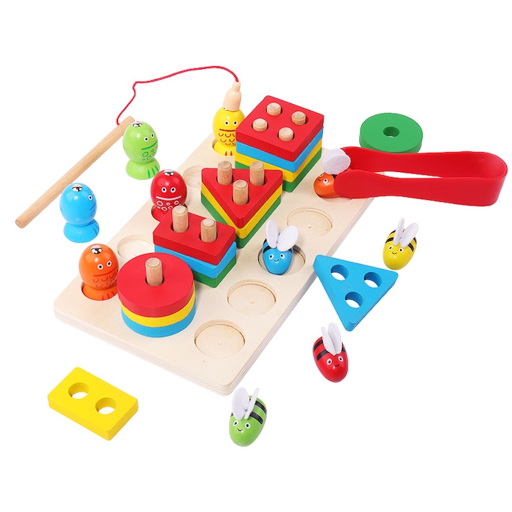 Jucarie Educativa Montessori 3 in 1 din Lemn, Joc Interactiv de Pescuit Magnetic, Stuniko® Prinde Albinele si Sortator de Forme Geometrice, Dezvolta Motricitatea Fina si Coordonarea, Multicolor, 3 ani+ - imagine 9