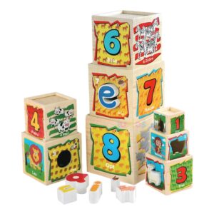 Turnul de Lemn al Numerelor si Literelor Montessori, Stuniko® Joc Educativ 3 in 1: Sortator Forme, Cuburi de Stivuire si Invatare Animale, Dezvolta Motricitatea si Logica, 8 Cuburi Gigant, Multicolor, 18 luni+