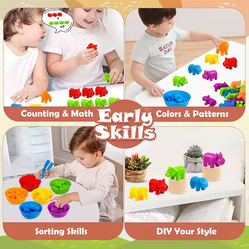 Joc Educativ Montessori de Sortare pe Culori, Stuniko® Set 50 Piese "Hraneste Animalele", Include 6 Boluri, 2 Pensete si 6 Figurine Animale, Dezvoltare Motricitate Fina, Logica si Numarare, Cadou Bebelusi si Copii, Multicolor, 3 ani+ - imagine 3