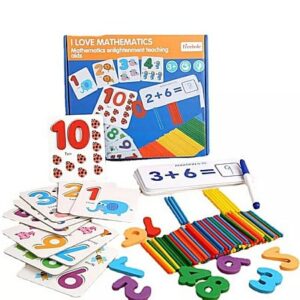 Joc Educativ Montessori pentru copii, Imi Place Matematica, Stuniko® Set Complet Învățare Cifre și Calcule, 30 Carduri Scrie-Șterge, 100 Betisoare Colorate și Cifre Lemn, 3 Ani+