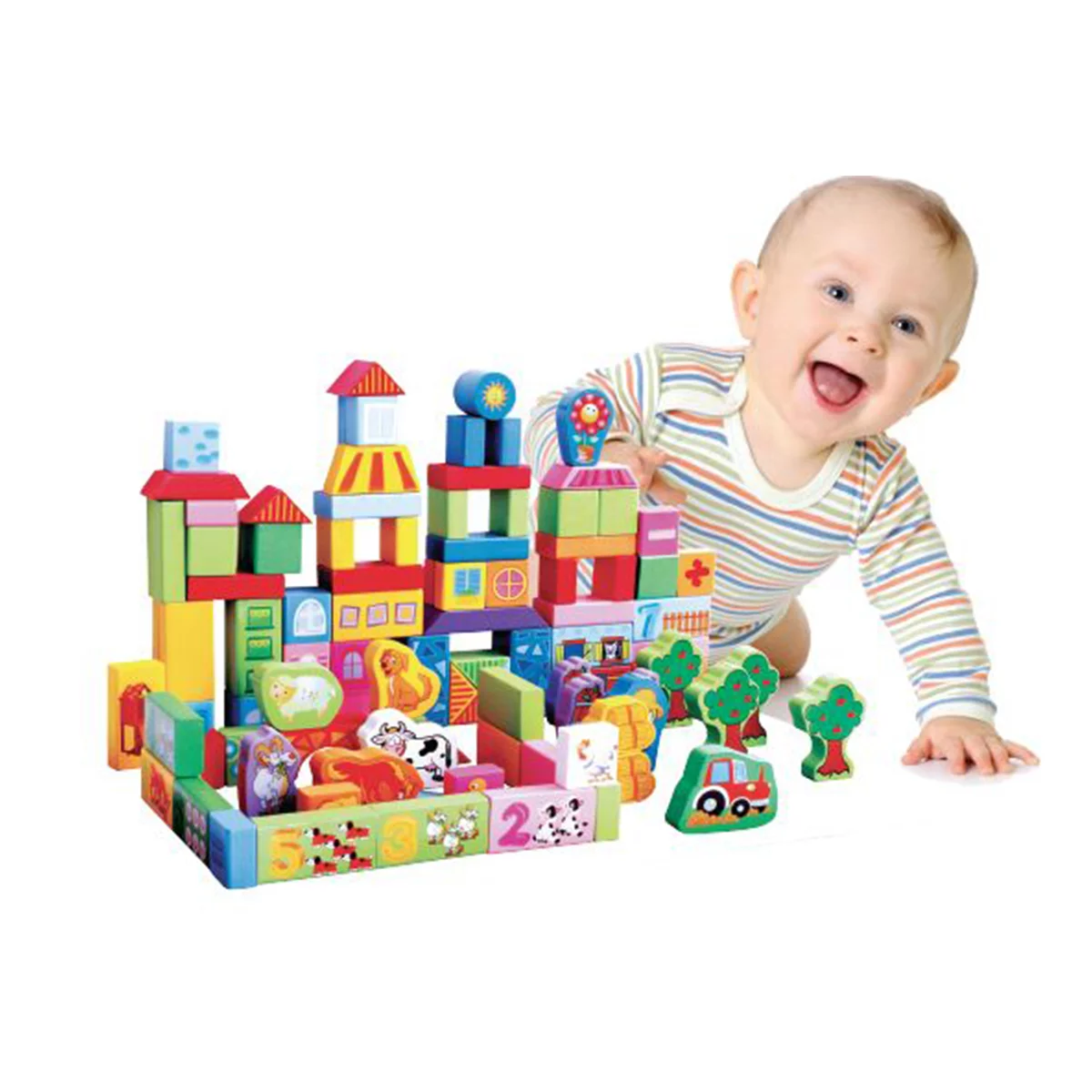 Set 100 Cuburi Constructie din Lemn Ferma Animalelor, Stuniko® Educativ si Creativ, Invatarea Cifrelor si Operatiilor Matematice, Animale, Cladiri, Multicolor, 3 ani+ - imagine 7