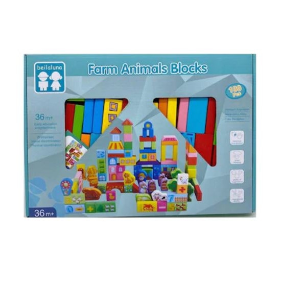 Set 100 Cuburi Constructie din Lemn Ferma Animalelor, Stuniko® Educativ si Creativ, Invatarea Cifrelor si Operatiilor Matematice, Animale, Cladiri, Multicolor, 3 ani+ - imagine 2