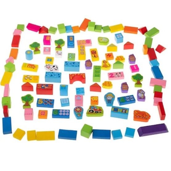 Set 100 Cuburi Constructie din Lemn Ferma Animalelor, Stuniko® Educativ si Creativ, Invatarea Cifrelor si Operatiilor Matematice, Animale, Cladiri, Multicolor, 3 ani+ - imagine 3