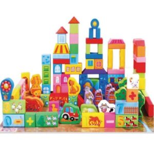 Set 100 Cuburi Constructie din Lemn Ferma Animalelor, Stuniko® Educativ si Creativ, Invatarea Cifrelor si Operatiilor Matematice, Animale, Cladiri, Multicolor, 3 ani+