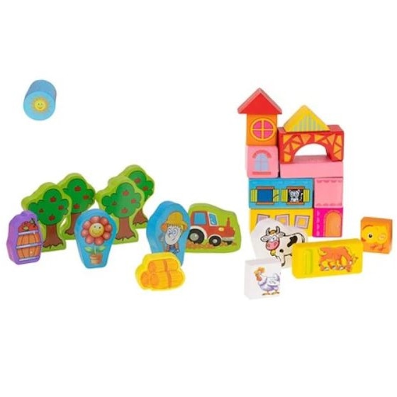 Set 100 Cuburi Constructie din Lemn Ferma Animalelor, Stuniko® Educativ si Creativ, Invatarea Cifrelor si Operatiilor Matematice, Animale, Cladiri, Multicolor, 3 ani+ - imagine 6