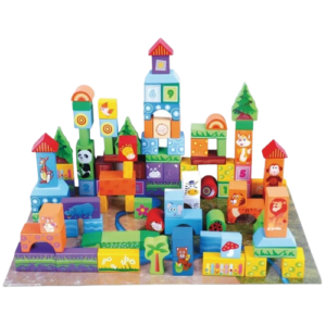 Set 100 Cuburi de Constructie din Lemn, Animale Simpatice, Stuniko® Educativ, Invatarea Cifrelor si Operatiilor Matematice, Animale Salbatice si de la Ferma, Puzzle din Lemn, 3 ani+