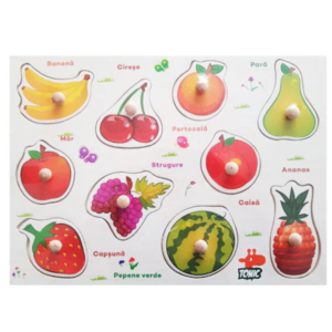 Puzzle incastru din lemn in limba romana Stuniko® Joc educativ cu fructe, 10 piese, 3 ani+
