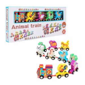 Trenulet Educativ din Lemn pentru copii, Stuniko® Set cu 10 Piese cu Animale și Vagoane Numerotate, Multicolor, Dezvoltare Motricitate, 3 ani+