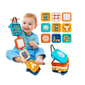 Jucarie Senzoriala Montessori 8 in 1 pentru Bebelusi, Stuniko® Busy Board Portabil tip Carticica, Activitati Educative, Oglinda, Puzzle, Spinner si Butoane, Dezvoltare Motricitate Fina, Jucarie de Calatorie pentru Carucior sau Scaun Auto, Multicolor, 12 luni+