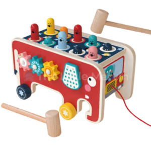 Centru de Activități 4 în 1 Elefantul Vesel, Stuniko® Jucărie Educativă din Lemn pentru copii, Montessori, Xilofon, Lovește Cârtița, Labirint Cifre, Multicolor, 3 ani+