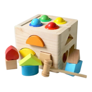Cub multifunctional din lemn cu activitati pentru copii, Stuniko® 12 forme geometrice, 4 mingi, 1 ciocanel, Montessori, 3 ani