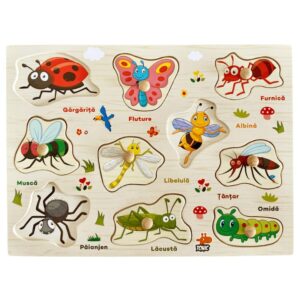 Puzzle incastru din lemn in limba romana Stuniko® Joc educativ cu insecte, 10 piese, 3 ani+