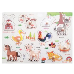  Puzzle incastru din lemn in limba romana Stuniko® Joc educativ cu animale domestice, 10 piese, 3 ani+