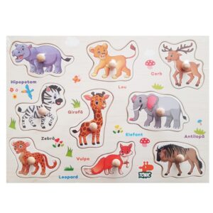 Puzzle incastru din lemn in limba romana Stuniko® Joc educativ cu animale salbatice, 9 piese, 3 ani+